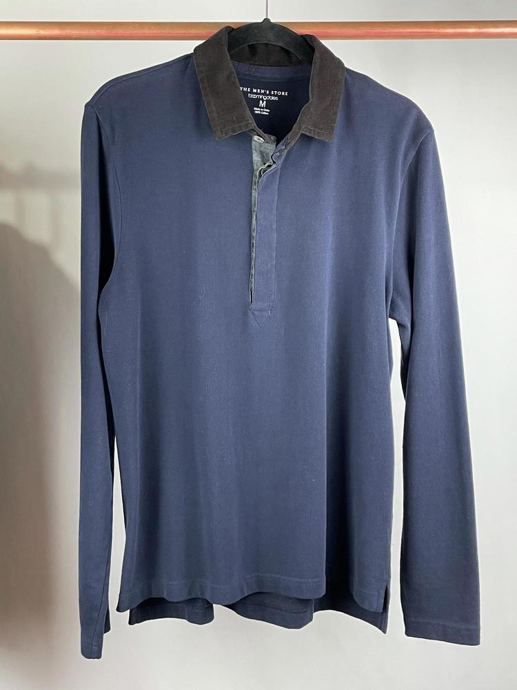 Bloomingdale Cotton Navy Brown Long Sleeve Knit Polo Size M